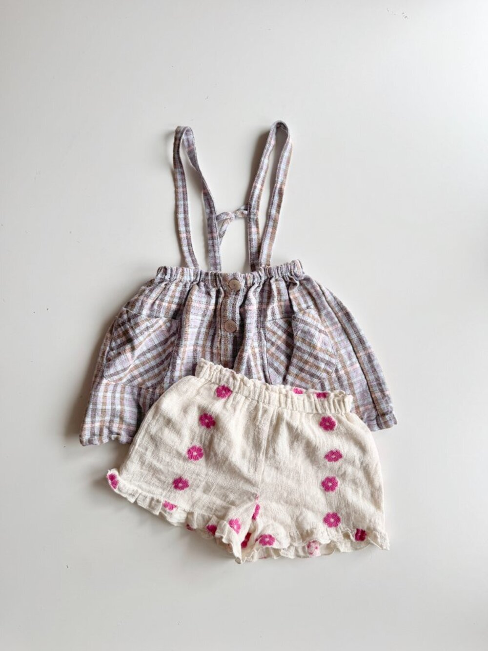 Lot of 2 Girls' ZARA Bottom - Gingham Suspender Skirt & Gauze Shorts, Size 4-5
